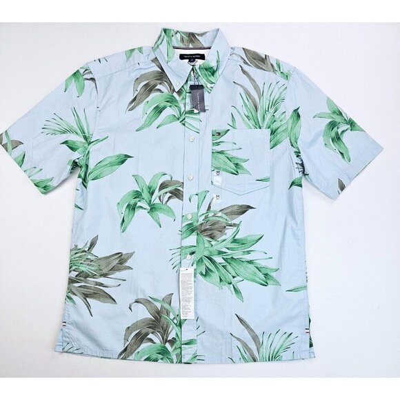 Tommy Hilfiger Casual Fit Size Medium Mens Blue Floral Short Sleeve Button Down - Picture 1 of 14